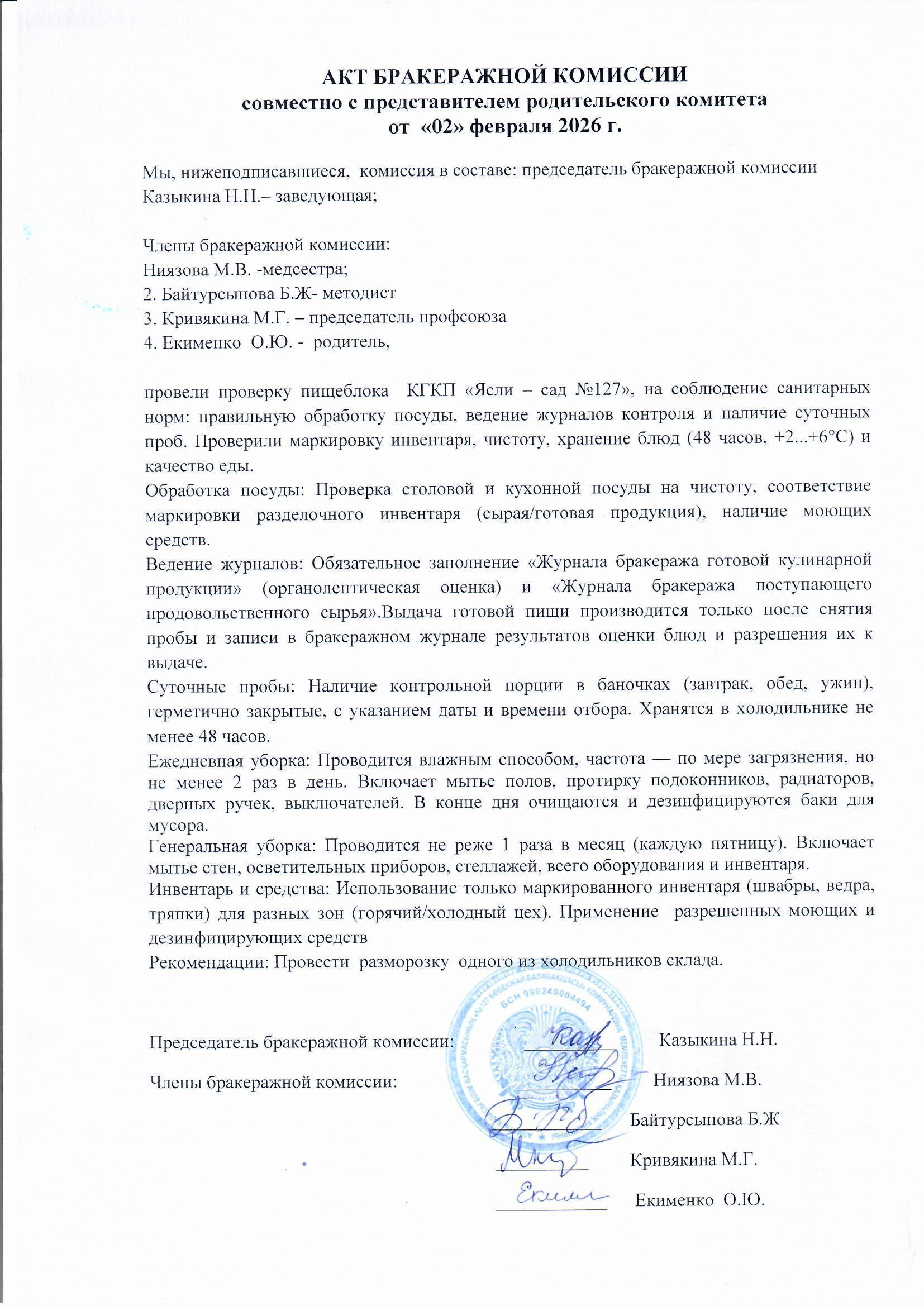 Акт по результатам работы бракеражной комиссии